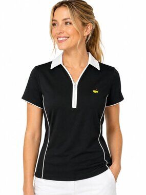 Masters Collection Women's 1/4 Zip Golf Polo Shirt Black w/White Collar Size S